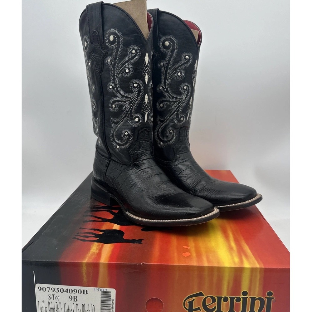 Ferrini women's Black Cowgirl boots, print belly gator, square toe 9B EUC